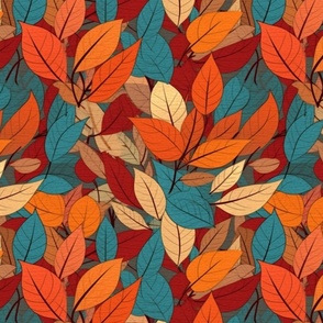 fall leaves in green teal, orange red, and gold