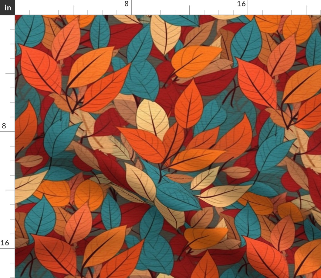 fall leaves in green teal, orange red, and gold