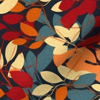 fall leaves in red orange gold and green teal