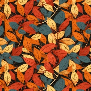 autumn leaves in red orange gold and teal