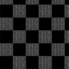 Hand Drawn Checkerboard of White Lines on Solid Black at 3 Inch Repeat