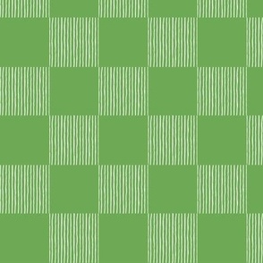 Hand Drawn Checkerboard of White Lines on Solid Kelly Green at 3 Inch Repeat