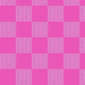 Hand Drawn Checkerboard of White Lines on Solid Hot Pink at 3 Inch Repeat