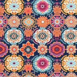 flower mandala in yellow pink and blue