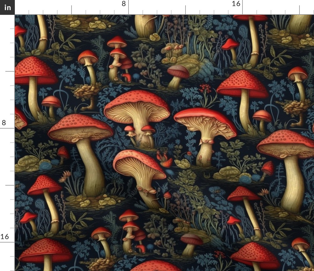 red mushroom botanical inspired by gustave dore
