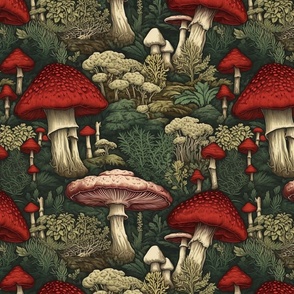 red and green mushrooms inspired by gustave dore