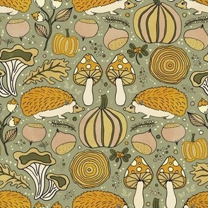Autumnal flowers animals and fruits mustard and teal