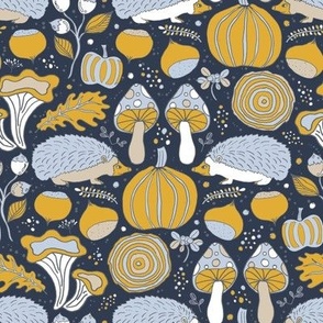 Autumnal flowers animals and fruits navy background
