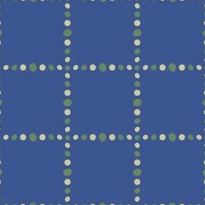 Dotted Window Pane Plaid Check Grid of Light and Dark Green Spotted Lines on Cobalt Blue