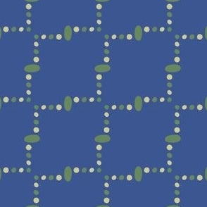 Dotted Diagonal Zigzag Lines of Freehand Spots in Light and Dark Green on Cobalt Blue in a Jagged Grid