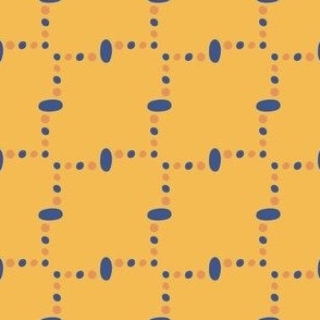 Dotted Diagonal Zigzag Lines of Freehand Spots in Blue and Apricot Orange on Saffron Mango Yellow in a Jagged Grid