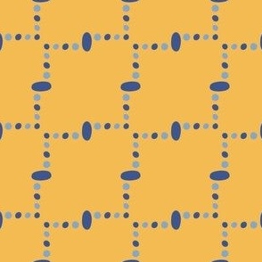 Dotted Diagonal Zigzag Lines of Freehand Dots in Light and Dark Blue on Saffron Mango Yellow in a Jagged Grid