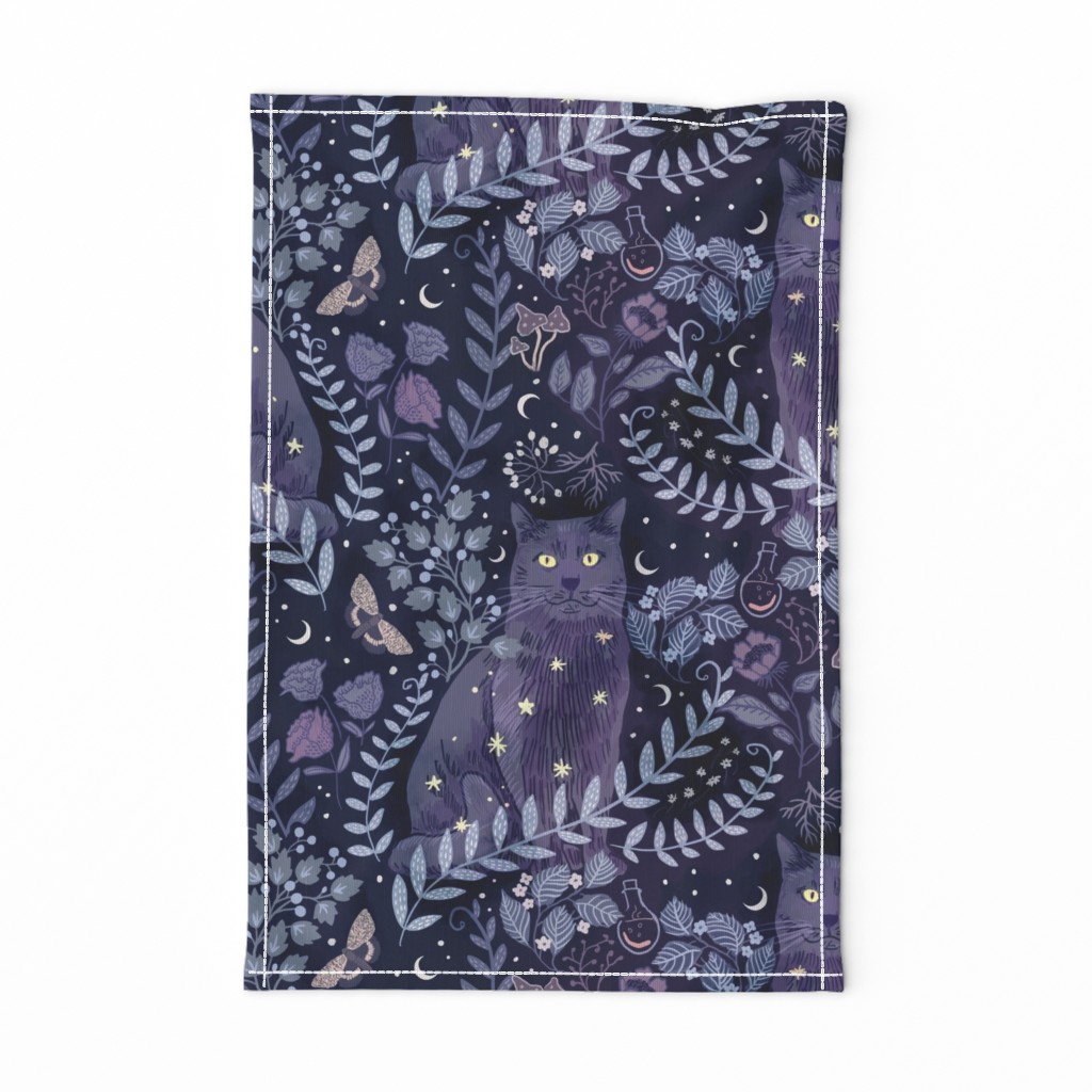 [large] Celestial Cat in Lunar Witch’s Garden - Whimsigothic Halloween - Dreamy Midnight Indigo Blue Black