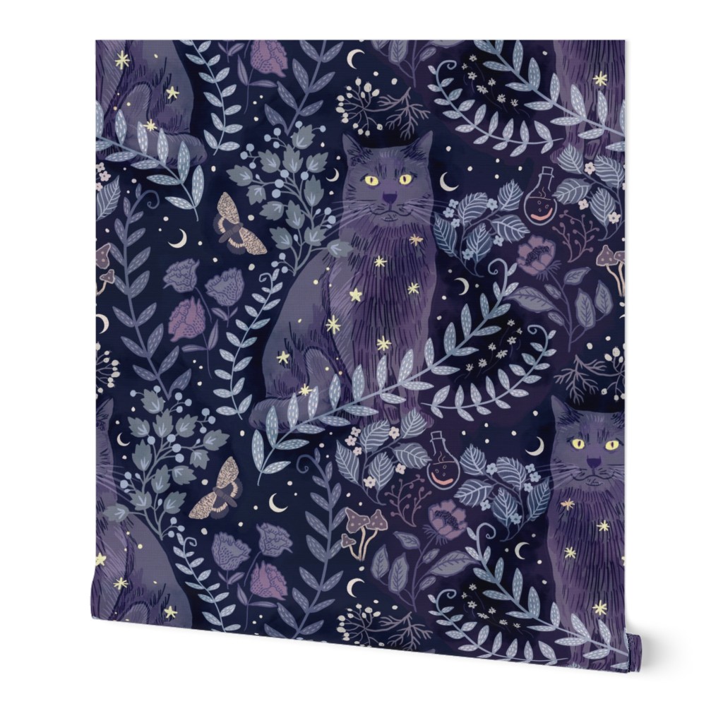 [large] Celestial Cat in Lunar Witch’s Garden - Whimsigothic Halloween - Dreamy Midnight Indigo Blue Black