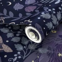 [large] Celestial Cat in Lunar Witch’s Garden - Whimsigothic Halloween - Dreamy Midnight Indigo Blue Black