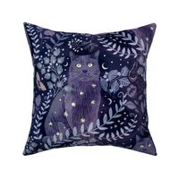 [large] Celestial Cat in Lunar Witch’s Garden - Whimsigothic Halloween - Dreamy Midnight Indigo Blue Black