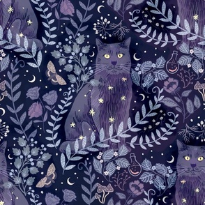 [large] Celestial Cat in Lunar Witch’s Garden - Whimsigothic Halloween - Dreamy Midnight Indigo Blue Black