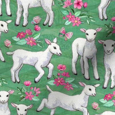 Spring Lambs in Watercolor on Green Medium