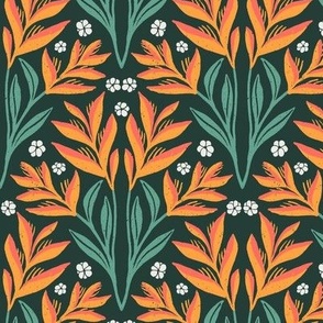 Bird of Paradise on Jungle Green  | Large Version | Bohemian Style Jungle Pattern in Shades of Orange and Green