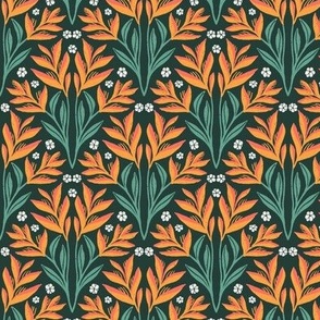 Bird of Paradise on Jungle Green  | Medium Version | Bohemian Style Jungle Pattern in Shades of Orange and Green