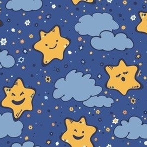 S | Sleepy Stars in Cheeky Kawaii Kid Style in a Cobalt Blue Night Sky with Light Blue Clouds