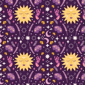 Whimsy Witchcraft: Seamless Repeat Pattern with the moon, stars, and the sun on a purple backdrop.