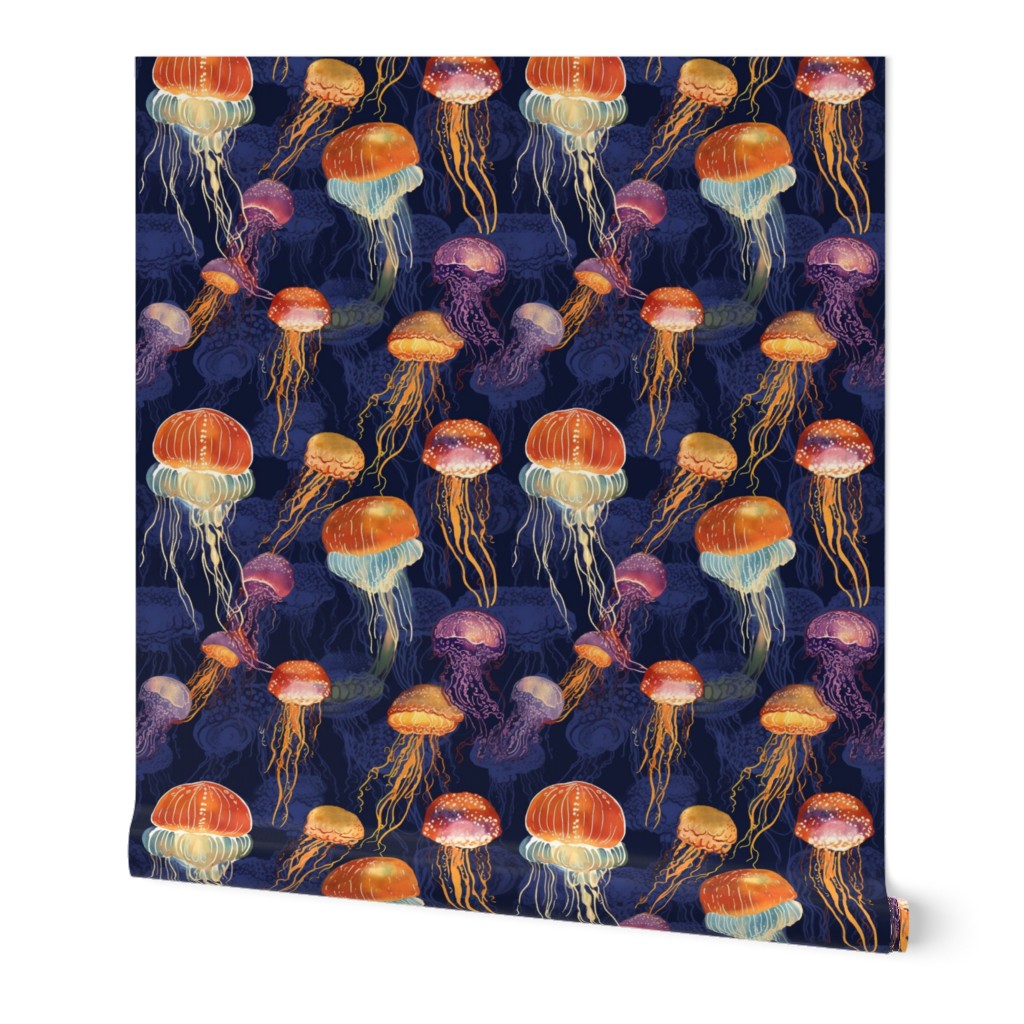 surreal jellyfish in orange gold and Wallpaper | Spoonflower