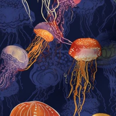 surreal jellyfish in orange gold and purple blue