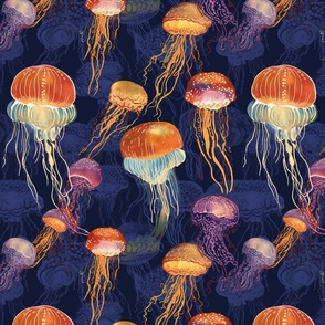 surreal jellyfish in orange gold and purple blue