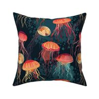 watercolor jellyfish in red gold orange and blue black