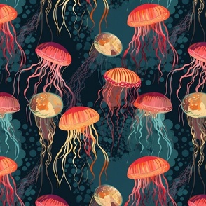 watercolor jellyfish in red gold orange and blue black