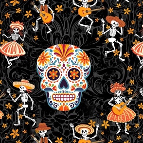 Day of the Dead on dark creepy damask - large scale