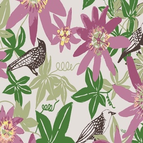 magenta purple flowers and birds large scale-01