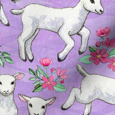 Lambs on Lilac with Spring Flowers in Watercolor Large