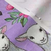 Lambs on Lilac with Spring Flowers in Watercolor Large