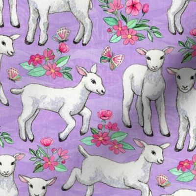 Lambs on Lilac with Spring Flowers in Watercolor Medium