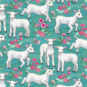 Sweet Watercolor Lambs and Pink Flowers on Turquoise Teal Large