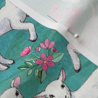 Sweet Watercolor Lambs and Pink Flowers on Turquoise Teal Medium