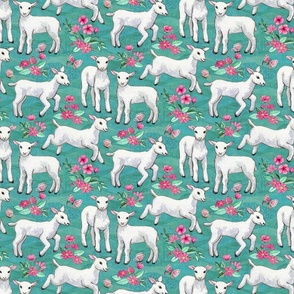 Sweet Watercolor Lambs and Pink Flowers on Turquoise Teal Medium