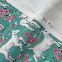 Sweet Watercolor Lambs and Pink Flowers on Turquoise Teal Small