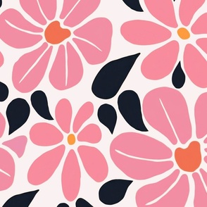 Hand Painted Midcentury Modern Abstract Pink Retro Daisy Flowers Matisse Pattern 1