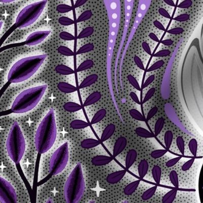 BIG Magic whimsigothic deer spirit  0020 B purple violet neon black white whismical moths glow antlers leaves plants monochromatic