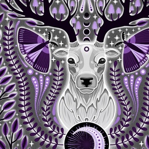 BIG Magic whimsigothic deer spirit  0020 B purple violet neon black white whismical moths glow antlers leaves plants monochromatic