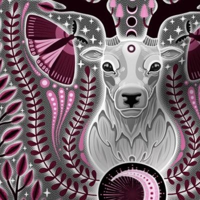 MEDIUM  whimsigothic deer spirit  0020 A  pink black white whismical moths glow antlers leaves plants monochromatic