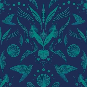 Florals and birds in blue and turquoise.