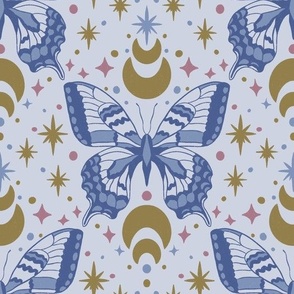 Hand-Drawn Swallowtail Butterflies with Moons and Stars in Cornflower Blue_Large)