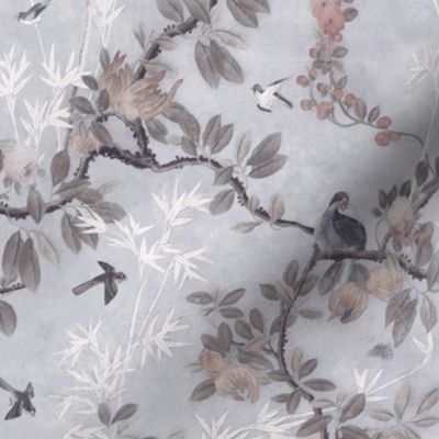 SMALL VERSION - CHATEAU CHINOISERIE ON FADED GRAYISH BLUE WITH LIGHT TEXTURE