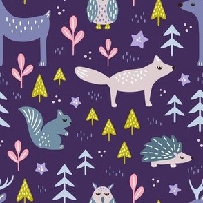 Winter woodland animals on dark blue background - blue, pink, purple, yellow 
