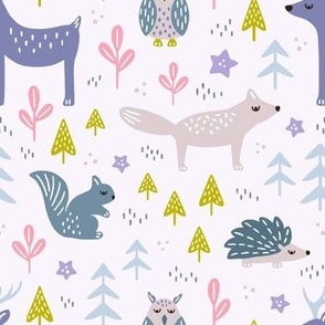 Winter animals on light background - blue, pink, purple, yellow 