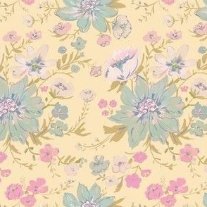 blue floral on  vintage  yellow -  very sun faded